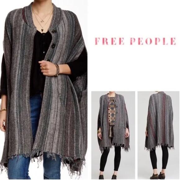 Free People Fringe Boho Blanket Poncho Sweater Duster Wrap Charcoal Gray XS/S - Picture 3 of 15